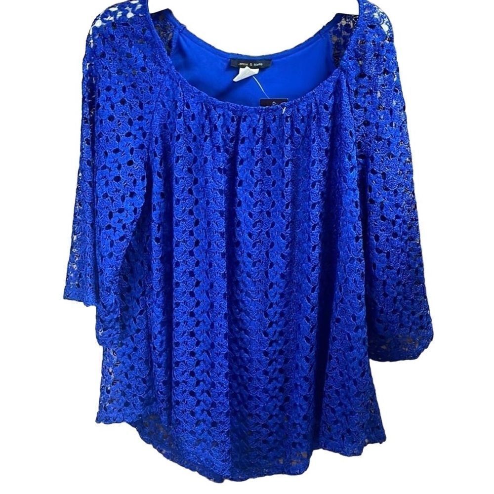 Jennie & Marlis Women’s Royal Blue Lace Overlay Blouse Size Large NWT